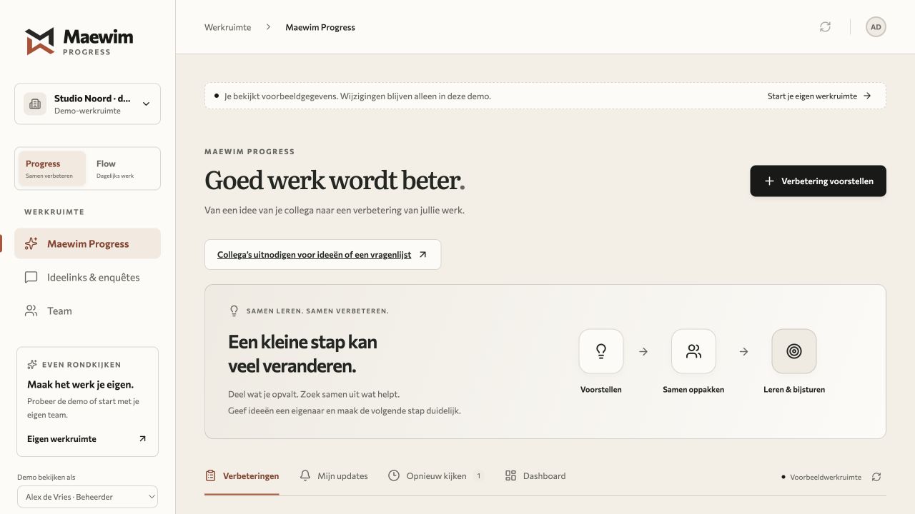 Maewim Progress in de voorbeeldwerkruimte Studio Noord, met de stappen voorstellen, samen oppakken en leren.